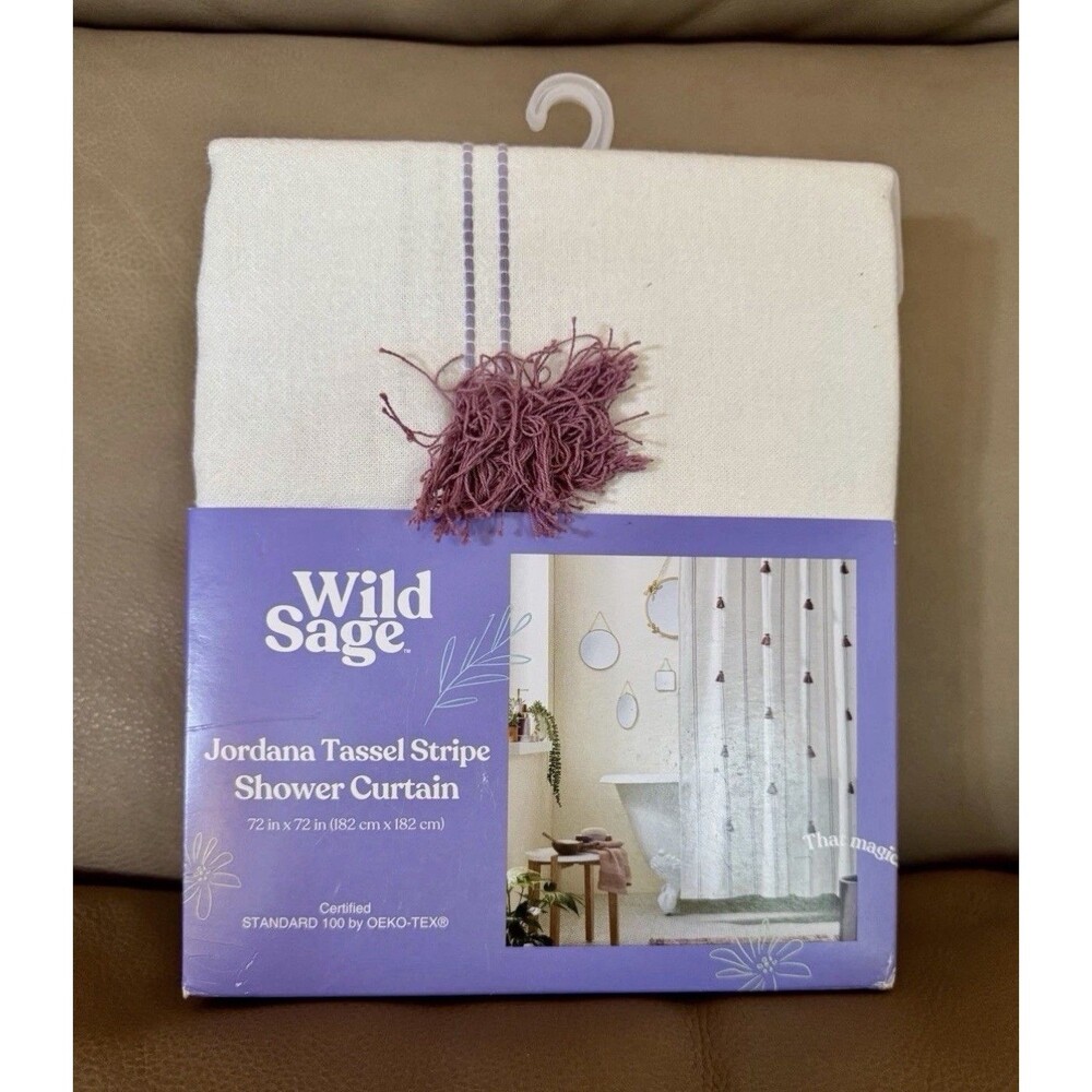 Wild Sage Jordana Tassel Stripe Shower Curtain 72”x72” In Lavender. New No Box